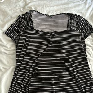 Retro Square Neck Striped Short Sleeve Blouse (Size L)